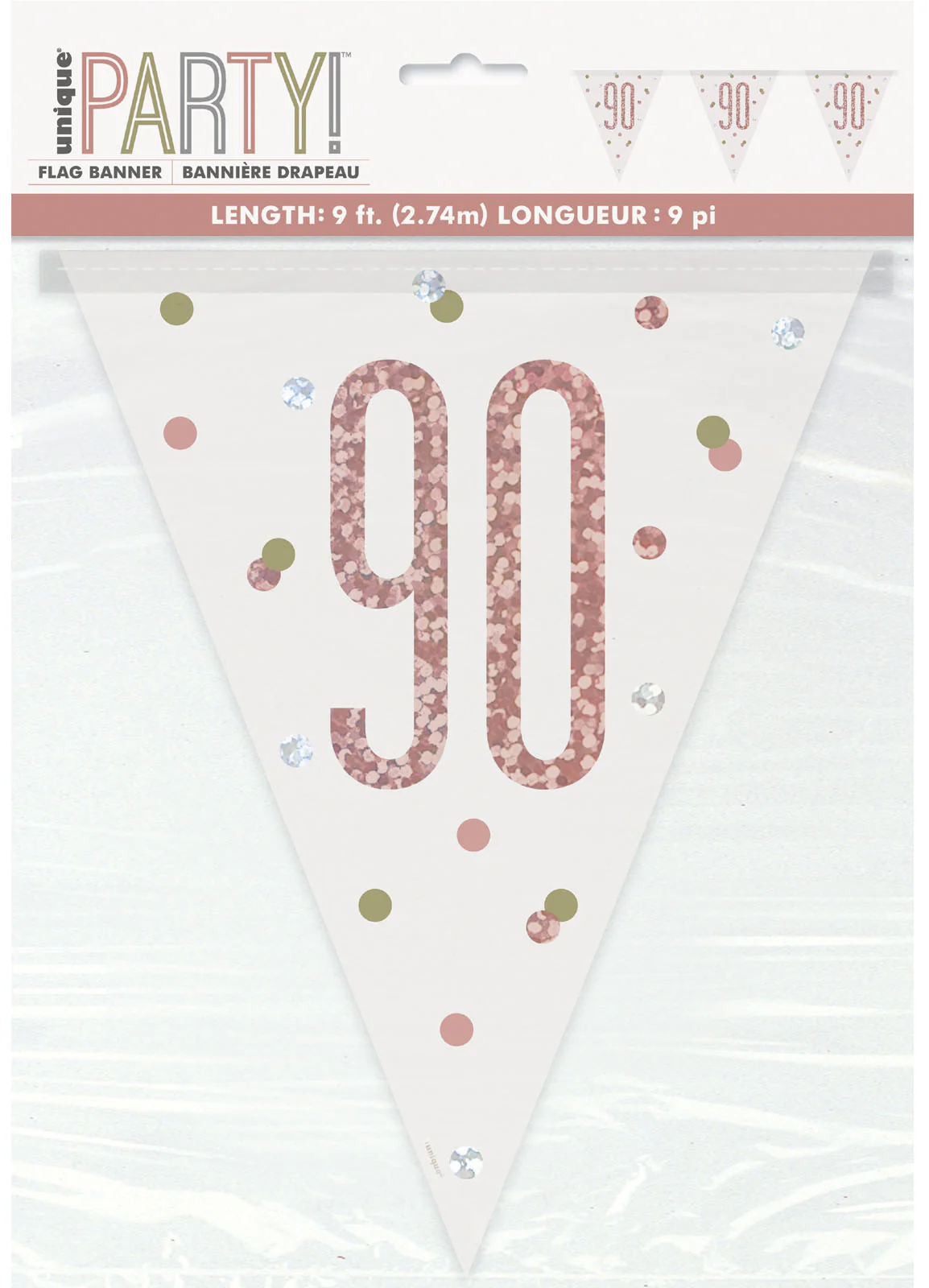 Rose Gold Glitz Age 90 Flag Banner